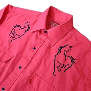 Rockabilly Plains Western Pearl Snap Shirt Adult Large Red Embroidered Horse Vtg